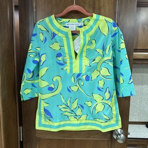 Gretchen Scott Designs Blue Green Print Split V Neck Cotton Tunic 3/4 Sleeve XS